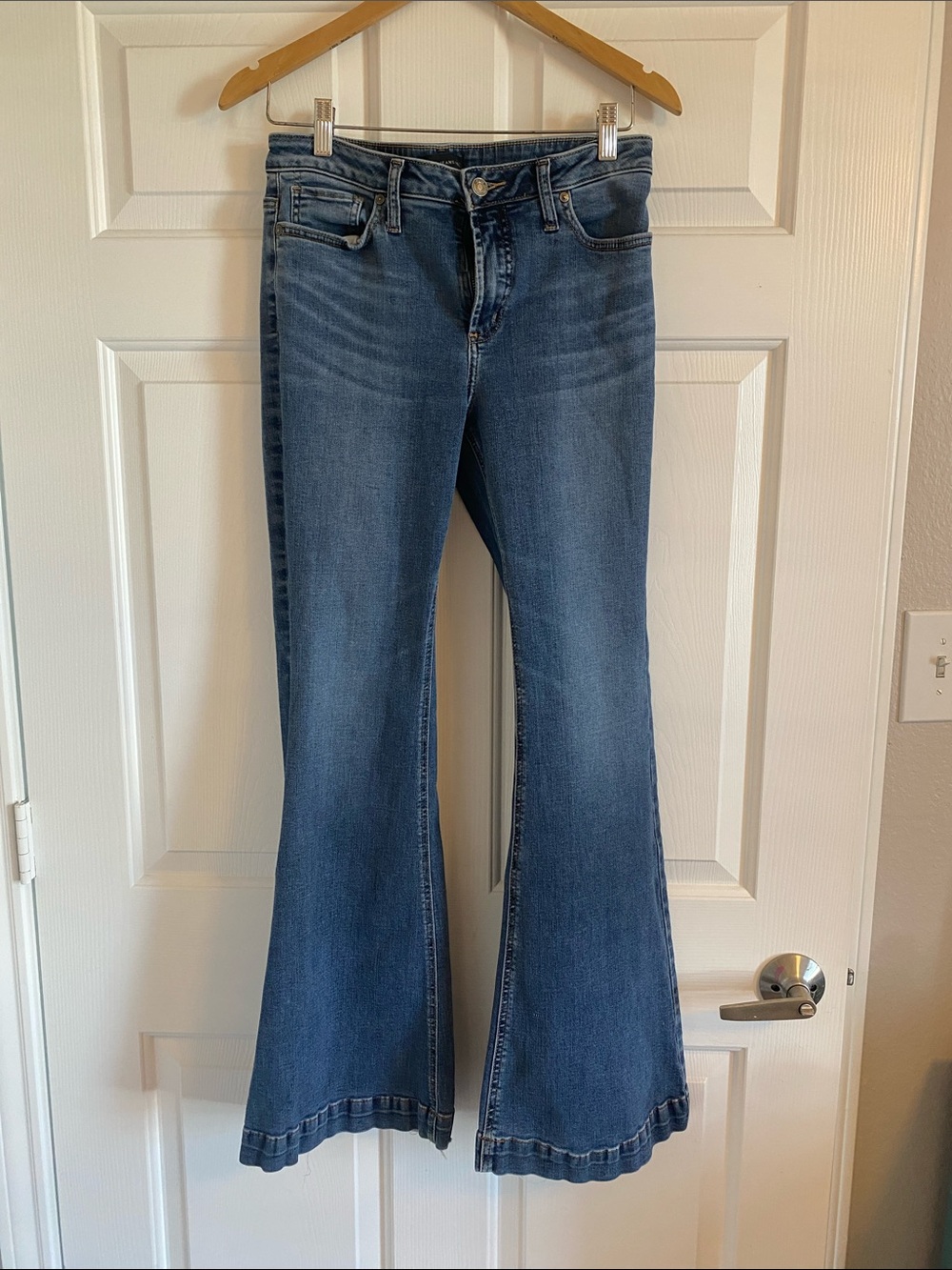 Silver High Rise Jeans Blue Flare Jeans with Light Fade